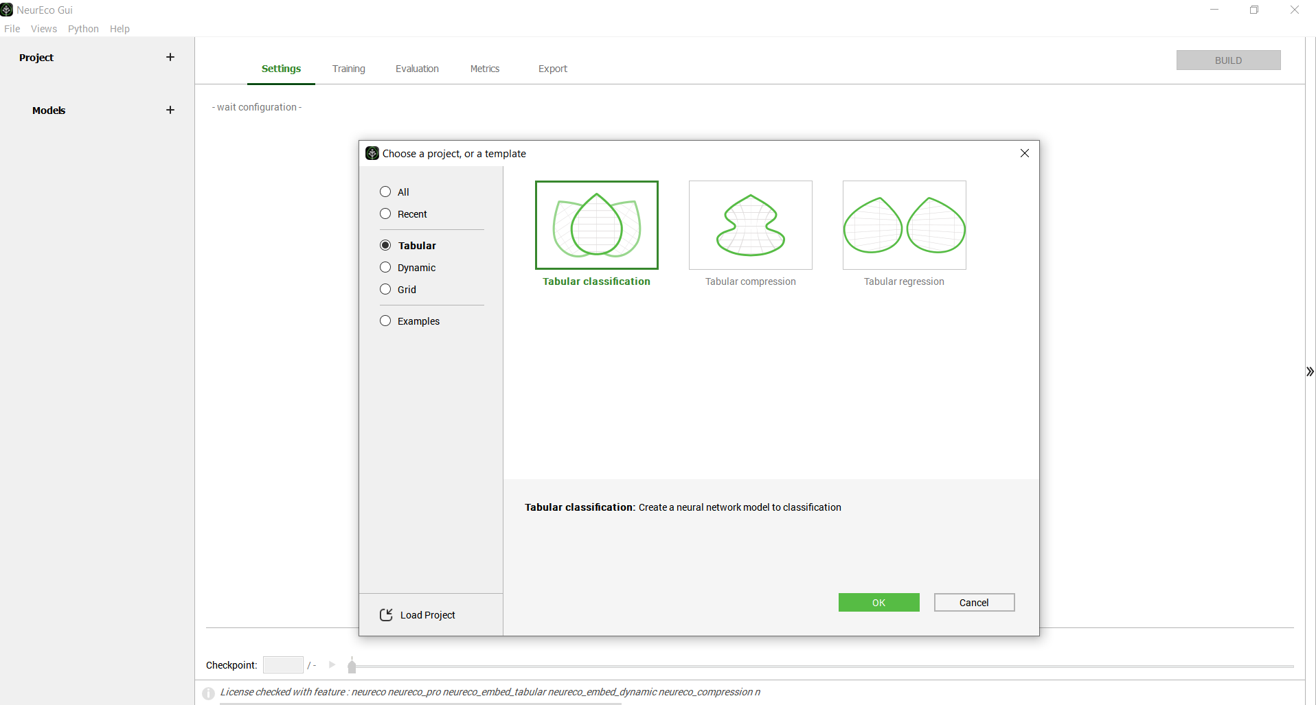 Create a new NeurEco Classification project