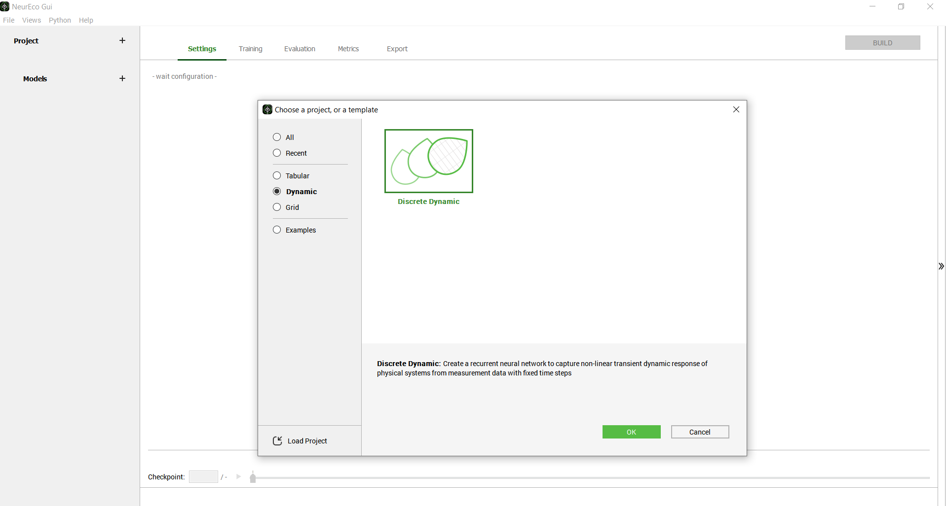Create a new NeurEco Discrete Dynamic project